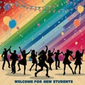 vector design with silhouettes of party people with the words welcome students Royalty Free Stock Photo