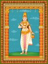 Statue of Indian Goddess Brahmacharini one of avatar from Navadurga with vintage floral frame background