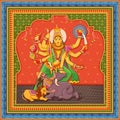 Statue of Indian Goddess Durga with vintage floral frame background