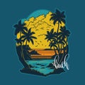 Summer sunset on the beach with palm trees, vector illustration Royalty Free Stock Photo