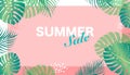 Vector design summer sale with flowers frame on blue background. palm tree foliage tropical. EPS10. Royalty Free Stock Photo