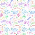 Vector design for teenager seamless textile print with modern symbols of youth on note paper.