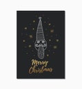 Christmas card with painted Santa Claus on dark background and golden snowflakes.