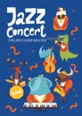 Vector design template for jazz music poster with cartoon animals playing music instruments Royalty Free Stock Photo