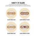 Vector design template with thin line icons of french dessert eclair on white background.