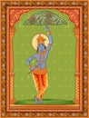 Vintage statue of Indian God Krishna with vintage floral frame background