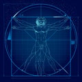 Vector design, of the Vitruvian Man, an original work by Leonardo, with futuristic elements and colors. Easy to edit and change