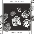 Vector dessert pastry menu in etching vintage style. Template flyer for restaraunt and cafe with handdrawn merengue