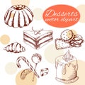 Vector desserts elements in hand drawn style. Delicious food. Art illustration.