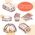 Vector desserts elements in hand drawn style. Delicious food. Art illustration.