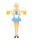 Vector detailed flat illustration of oktoberfest bavarian girl in national dress holding two beer mugs Royalty Free Stock Photo