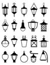 Set of different types of black silhouettes lamps. Vector illustration. Royalty Free Stock Photo