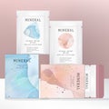 Vector Detox, Stress Relief or Collagen Powder Drink Powder Packet with Carton Box Packaging. Watercolor Abstract Pattern