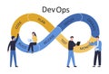 Vector DevOps concept. Software development and IT operations. Business people program test monitor tune software configuration.