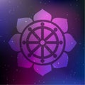 Vector Dharma Wheel in Lotus Flower on a Cosmic Background Royalty Free Stock Photo