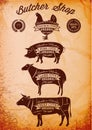 Vector diagram cut carcasses chicken, pig, cow, lamb Royalty Free Stock Photo