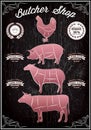Vector diagram cut carcasses chicken, pig, cow, lamb Royalty Free Stock Photo