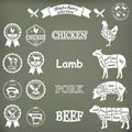 Vector diagram cut carcasses of chicken, pig, cow, lamb. Royalty Free Stock Photo