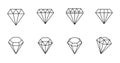 Vector diamond icon. Collection of 8 editable stroke icons. Faceted diamonds of various shapes. Design elements, logo, symbol of