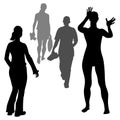 Vector different silhouettes women and men. A girl volleyball player stands ready to receive ball, her hands are raised. A woman