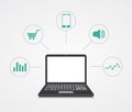 Vector digital marketing. Laptop with sample icons Royalty Free Stock Photo