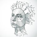 Vector dimensional low poly female portrait with lines mesh, graphic illustration of human head broken into fragments.