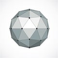 Vector dimensional wireframe low poly object, grayscale spherical shape with black grid. Technology 3d mesh element made using tr Royalty Free Stock Photo