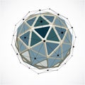 Vector dimensional wireframe low poly object, grayscale spherical shape with black grid. Technology 3d mesh element made using tr