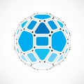 Vector dimensional wireframe low poly object, spherical blue facet shape with black grid. Technology 3d mesh element made using p