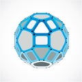 Vector dimensional wireframe low poly object, spherical blue facet shape with black grid. Technology 3d mesh element made using p