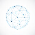 Vector dimensional wireframe low poly object, spherical blue facet shape with black grid. Technology 3d mesh element made using t