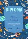 Vector diploma or certificate for children with hand drawn space illustration