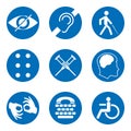 Vector disabled signs with deaf, dumb, mute, blind, braille font, mental disease, low vision, wheelchair icons