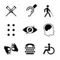 Vector disabled signs with deaf, dumb, mute, blind, braille font, mental disease