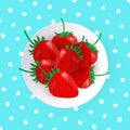 Vector dish of fresh strawberries on blue tablecloth