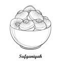 Vector dish with outline traditional Hanukkah sufganiyah or sufganiyot or doughnut in black isolated on white background.