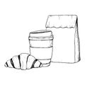 Vector disposable coffee cup, chocolate croissant and paper craft bag black and white graphic illustration for breakfast