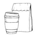 Vector disposable coffee cup and paper craft bag line black and white illustration for breakfast and coffee break design