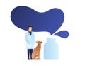 Vector doctor drug prescription design element. Male doctor with dog patient flat characters and bottle of pill on white. Concept