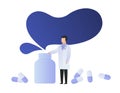 Vector doctor drug prescription design element. Male doctor flat character in white coat uniform and bottle of pill on white.