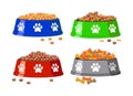 Vector dog bowl with dog footprints and dog food Royalty Free Stock Photo