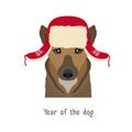 Vector dog head in winter new year christmas flapped hat Royalty Free Stock Photo