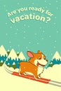 Vector dog skiing on winter mountains background. Welsh corgi dog. For Xmas, New Year poster, calendar Royalty Free Stock Photo