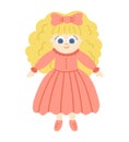 Vector doll isolated on white background. Cute toy girl with blond hair in pink dress illustration for kids. Funny smiling Royalty Free Stock Photo