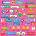 Vector donate buttons help human hand money set in web style. Donation gift buttons charity, web donate design