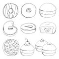 Vector donuts desserts collection with glaze, sprinkles, cherry and whipped cream. Hand drawn black white illustration