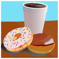 Vector of donuts and drinks on the table