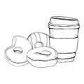 Vector donuts with glaze and coffee to go cup black and white graphic illustration. Delicious round doughnuts