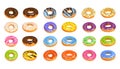 Vector donuts isolated on white background in cartoon style. Delicious doughnuts with chocolate, lemon, pink, violet, blue and