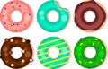 Six vector donuts with colorful frosting